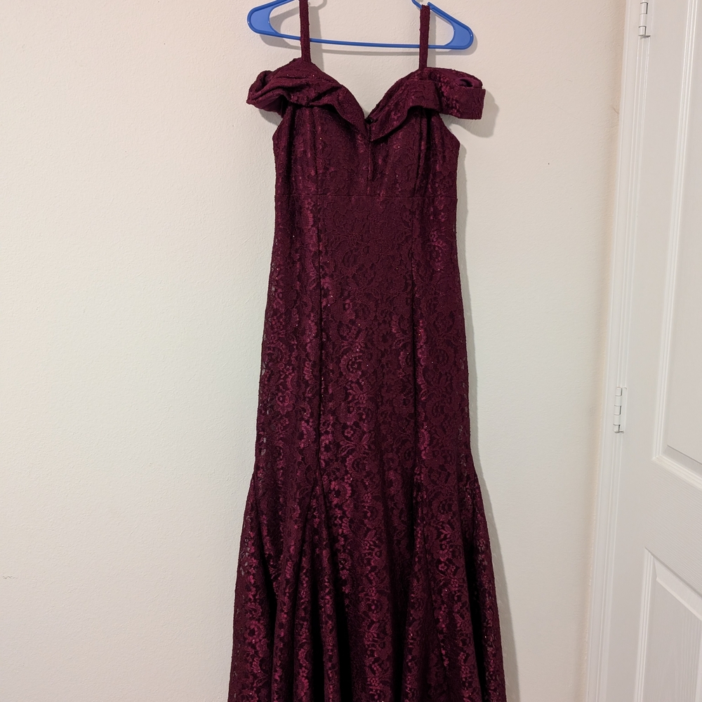 R & M Richards Strapless Wine Lace Gown